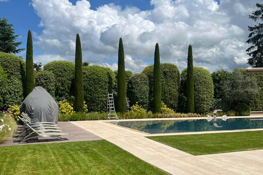 Aménagement d’espace vert sur mesure avec piscine et haies taillées à Genève