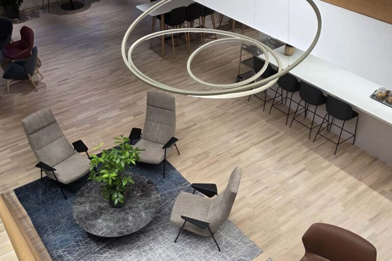 Espace professionnel moderne avec aménagement végétal intérieur et plantes décoratives en hydroculture.