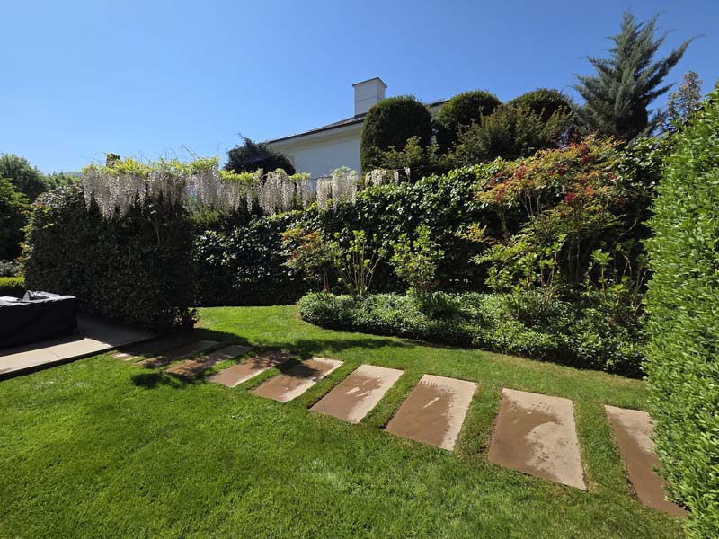 Aménagement de jardin avec dalles extérieures et pelouse entretenue à Genève